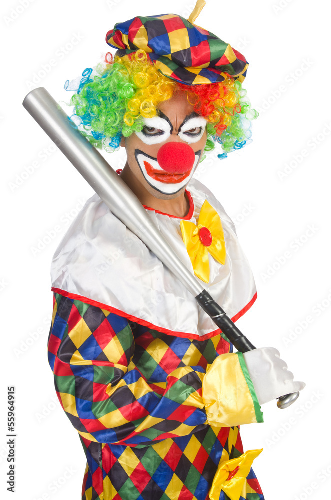 Clown with baseball bat isolated on white Clown with baseball bat isolated on white