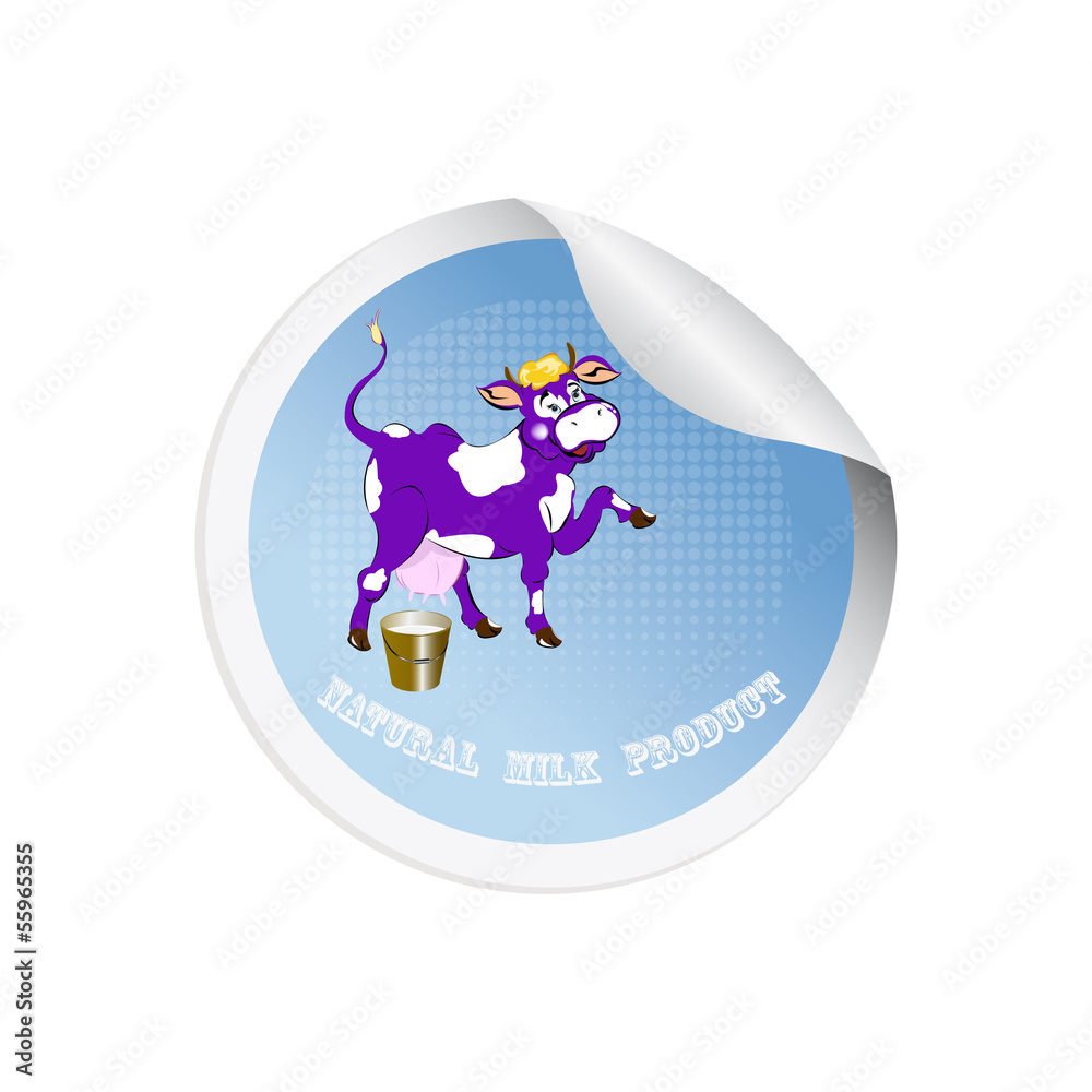Naklejka premium Label dairy products.A cheerful purple cow