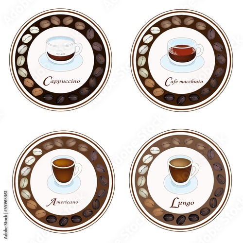 Four Kind of Coffee Drink in Retro Round Label