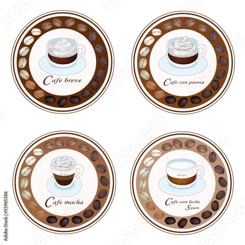 Four Type of Coffee Beverage in Retro Round Label