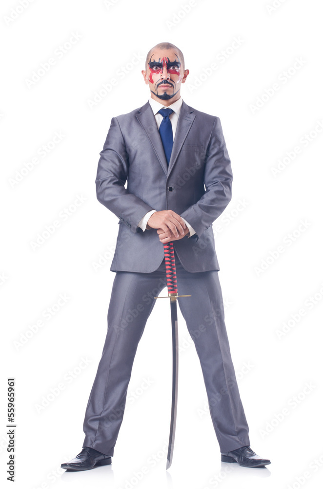 Businessman with sword isolated on white Businessman with sword isolated on white
