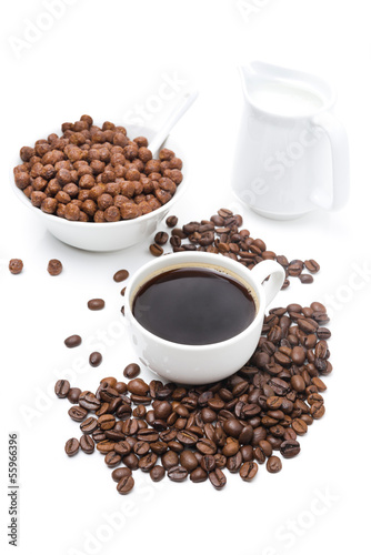 cup of black coffee, chocolate flakes and milk isolated on white