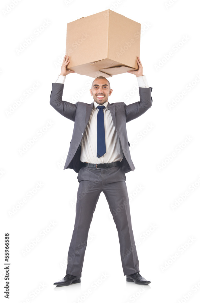 Businessman with box isolated on the white Businessman with box isolated on the white