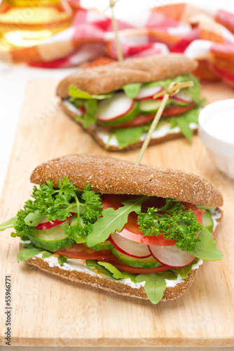 Healthy food - sandwich with cottage cheese, vegetables