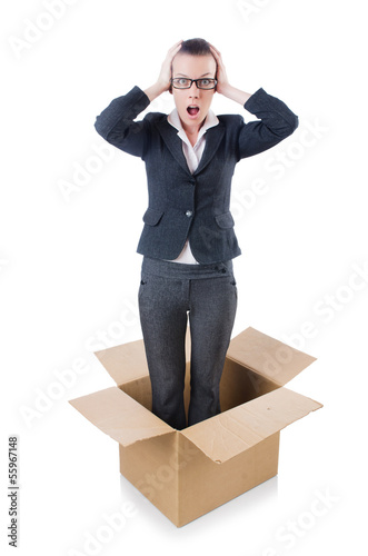 Woman businesswoman with boxes on white