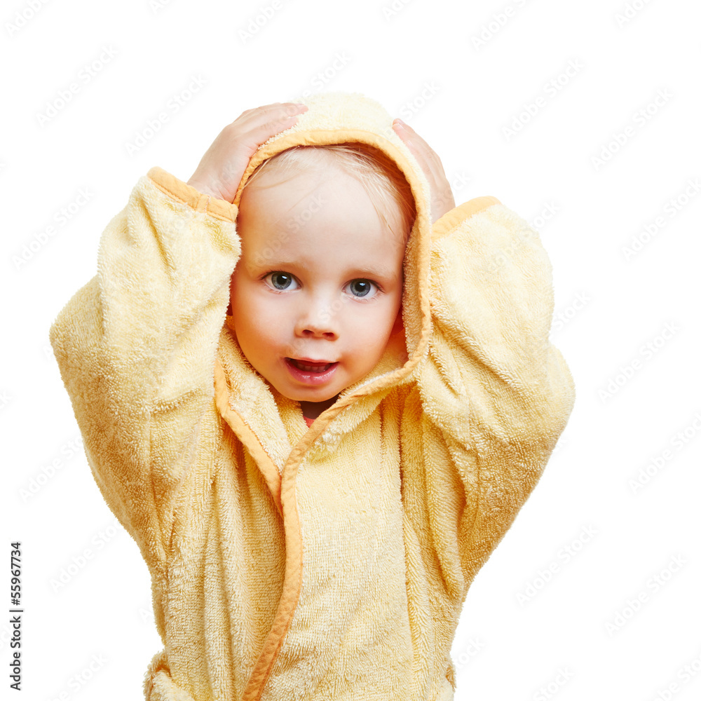 Kind im Bademantel trocknet Haare Stock Photo | Adobe Stock