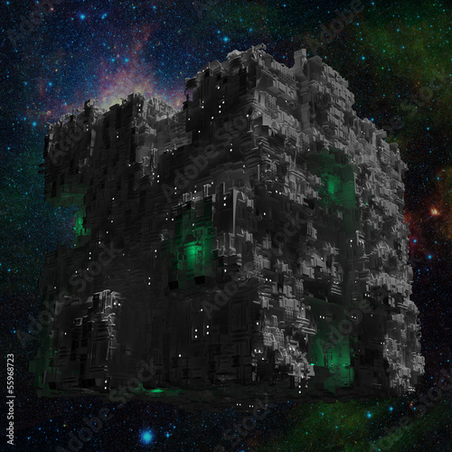 Fototapeta Naklejka Na Ścianę i Meble -  Space ship cube with galaxy background