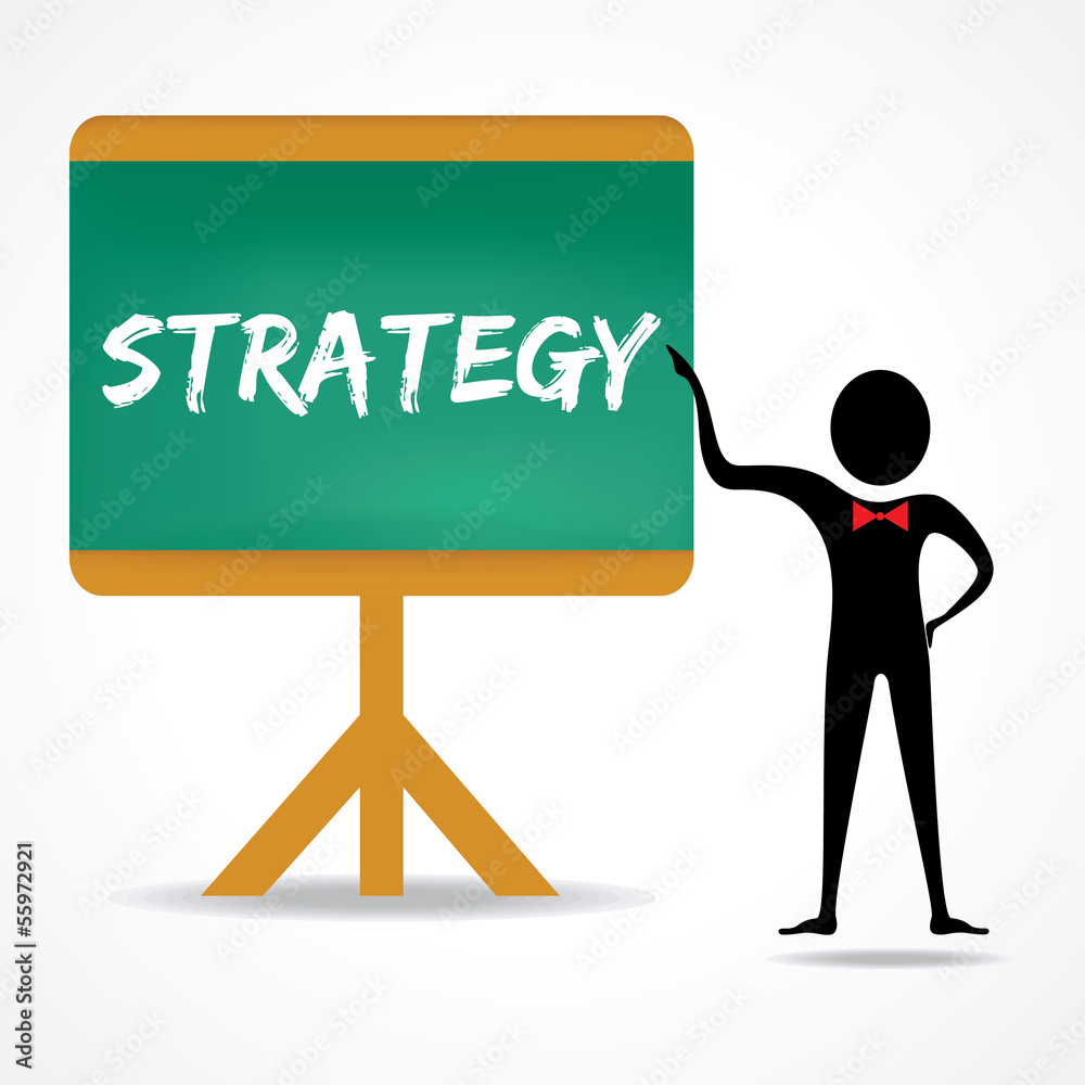 Man points to strategy word on green board stock vector Man points to strategy word on green board stock vector