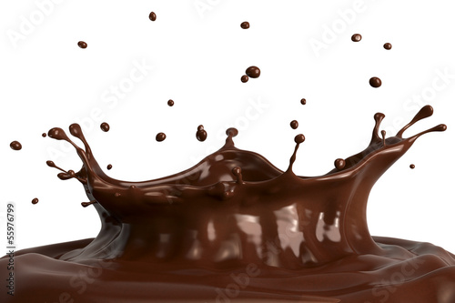 Hot chocolate splash closeup, isolated on white background.