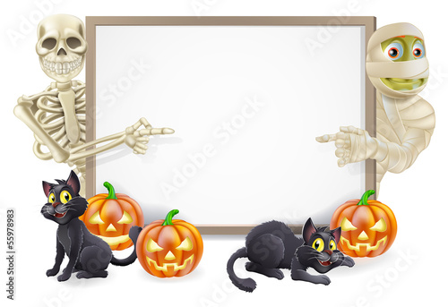 Halloween Sign with Skeleton and Mummy