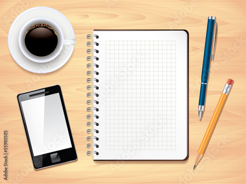 Notepad on office desk top view, photo realistic vector