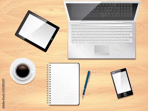 Office desk top view, photo realistic vector
