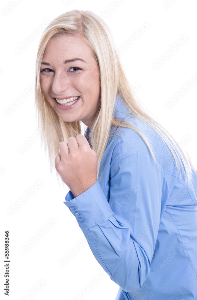 Lachendes blondes Mädchen isoliert mit Bluse in Blau Lachendes blondes Mädchen isoliert mit Bluse in Blau