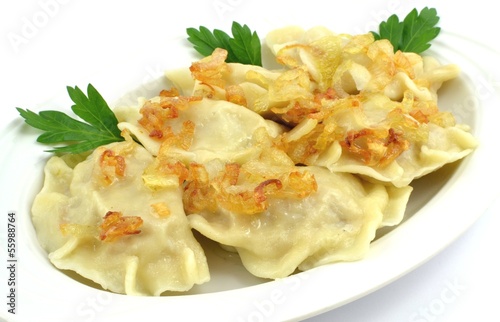 dumplings with meat, cabbage and onion