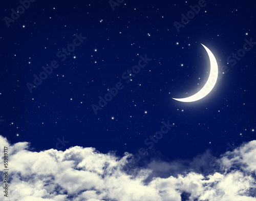 Moon and stars in a cloudy night blue sky #55989717