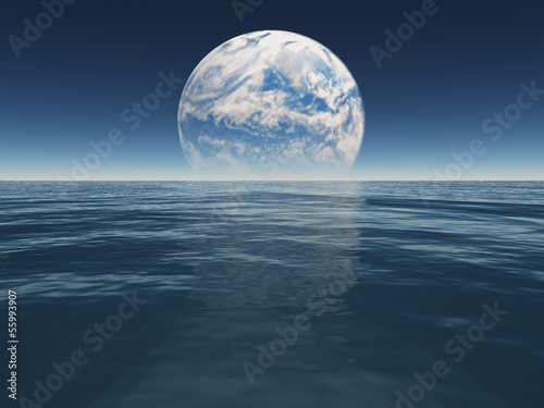 Ocean or sea of alien world or earth water with terraformed moon
