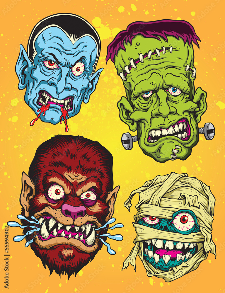 Obraz premium Halloween Monster Head Vector Set