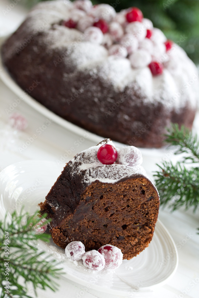 Chocolate cake with cranberries, new year, Christmas.
