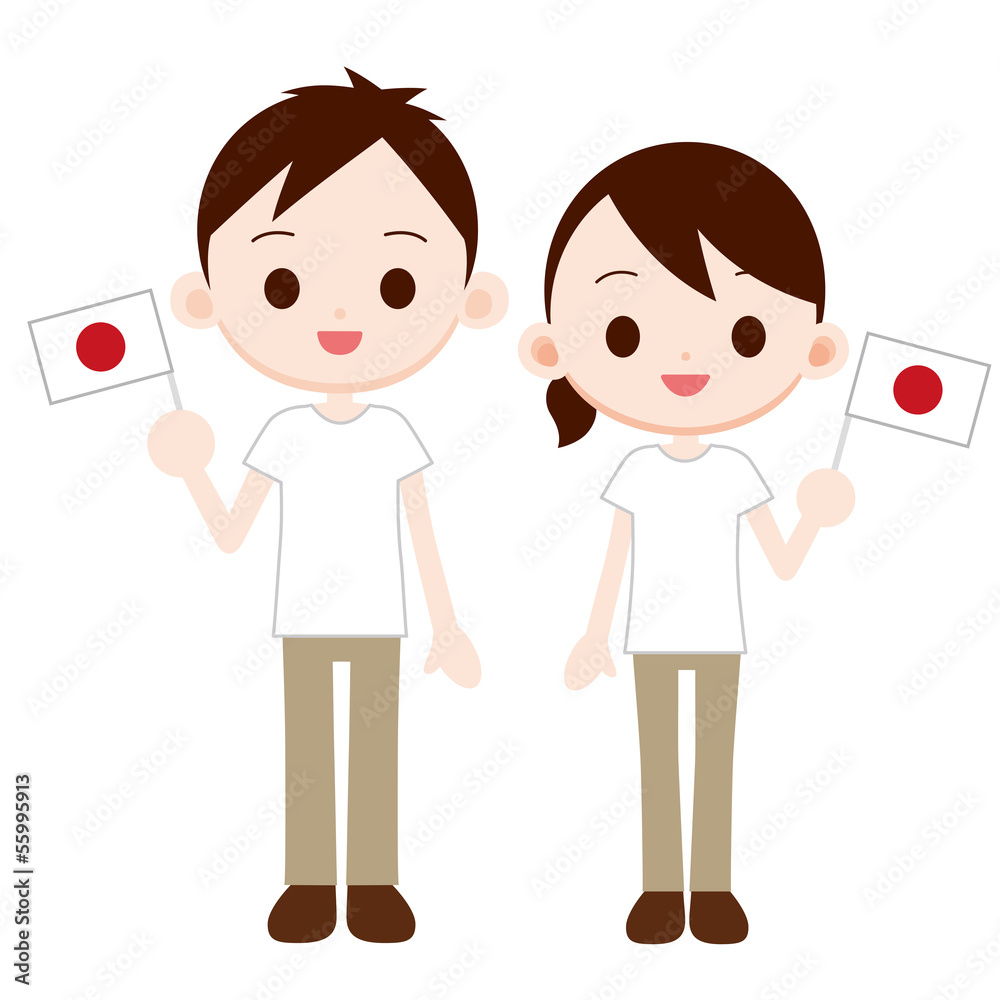 日本国旗の小旗を振る男女 Stock イラスト Adobe Stock