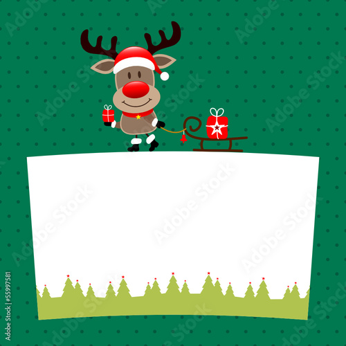 Rudolph With Gift Pulling Sleigh On Label Green