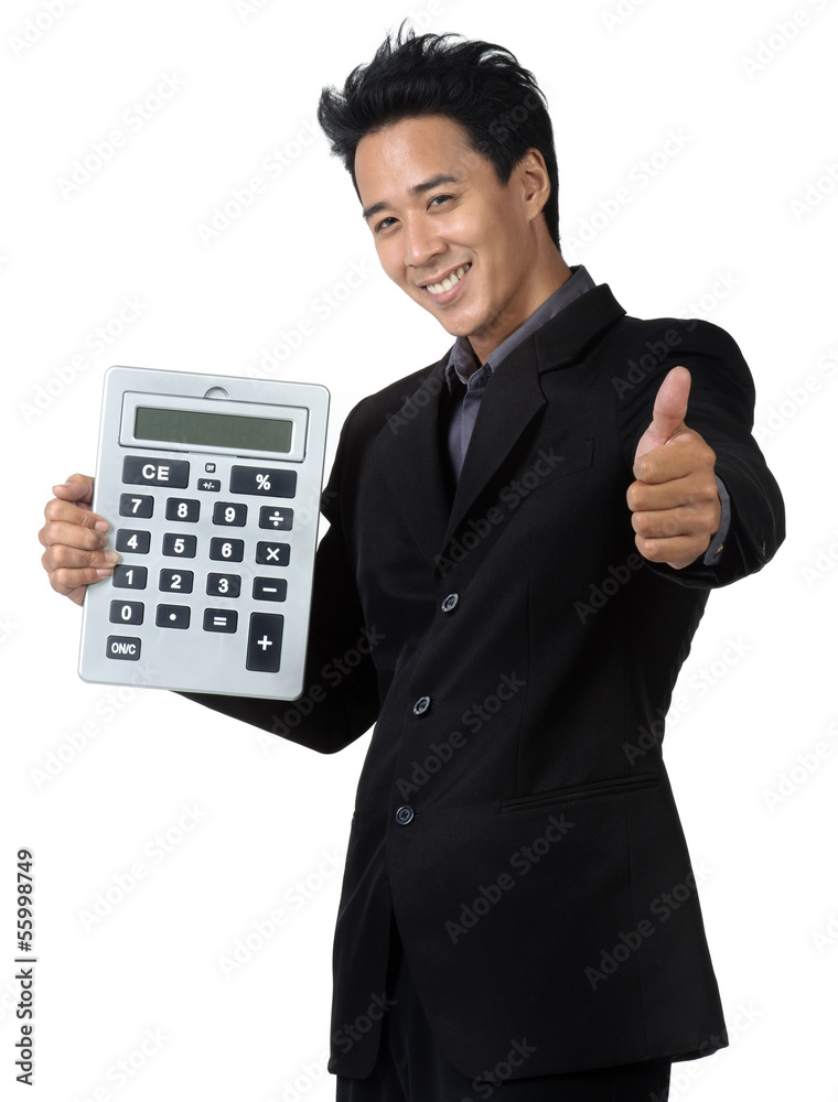 Business man smile and Hold Calculator isolated Business man smile and Hold Calculator isolated