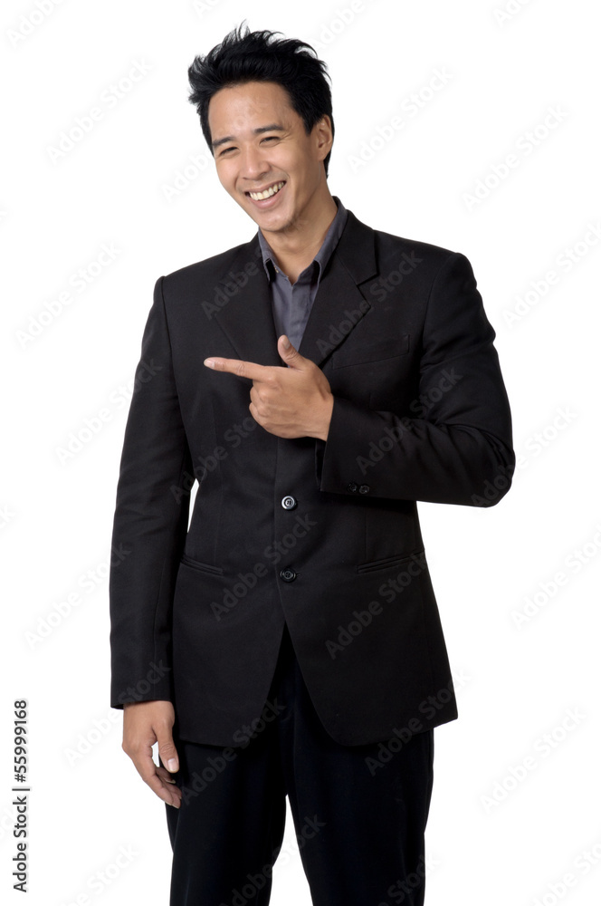 Business man smile sign direct isolated Business man smile sign direct isolated