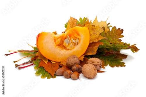 pumpkin, nuts and leafs