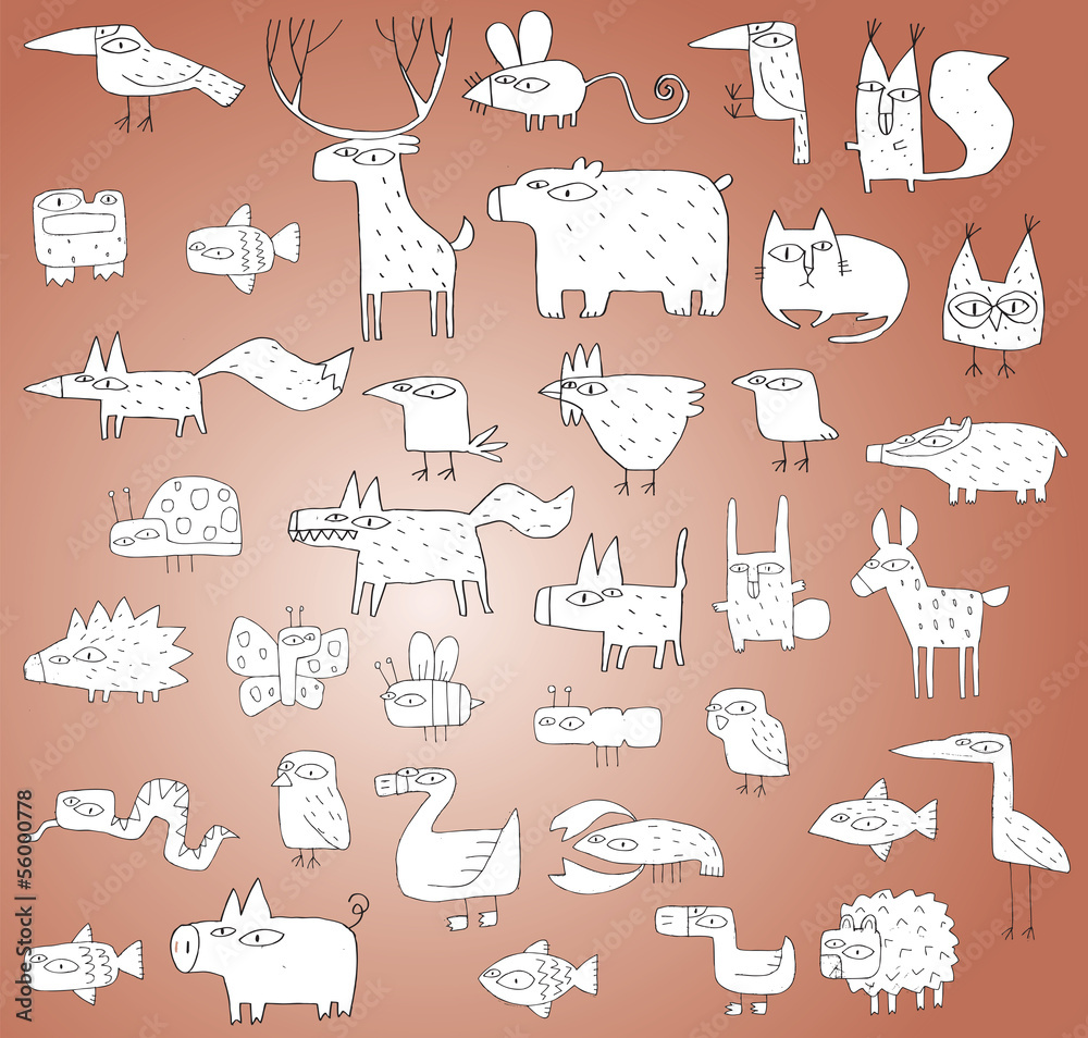 Funny Animals Collection in black and white, with outlines Funny Animals Collection in black and white, with outlines