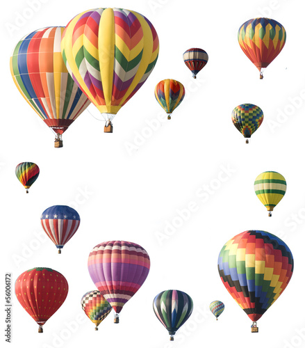 Hot-air balloons arranged around edge of frame allowing space fo