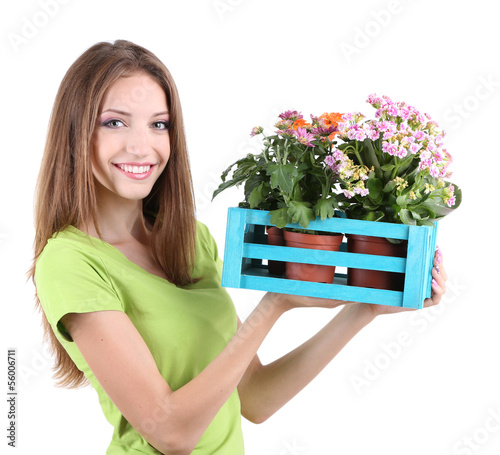 Beautiful girl with flower in pot isolated on white