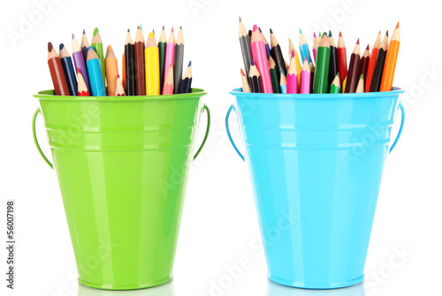 Color buckets with multicolor pencils, isolated on white
