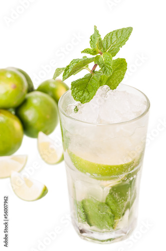 Mojito cocktail with limes on white background