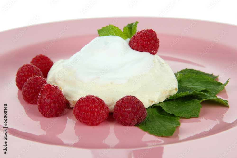 Tasty meringue cake with berries, close up Tasty meringue cake with berries, close up