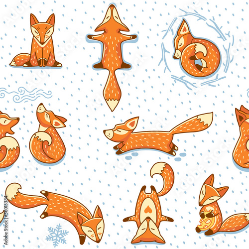 Christmas seamless pattern with red little foxes