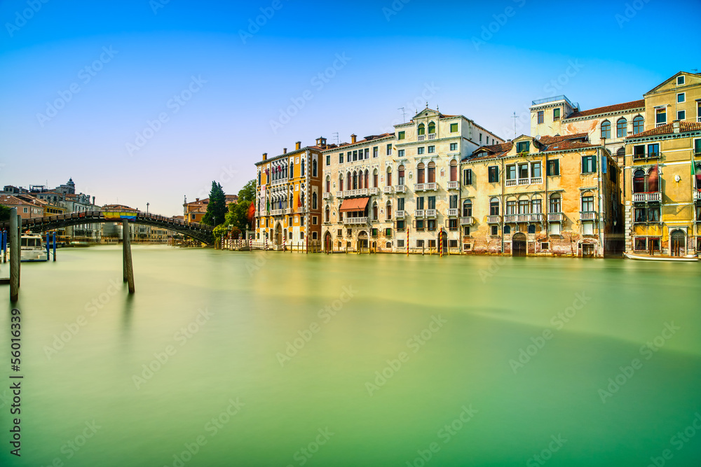 Venice, water canal, accademia bridge and buildings. Italy.