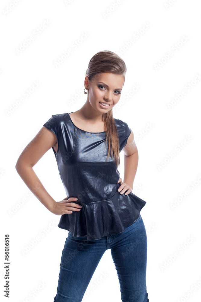 Obraz premium Smiling stylishly dressed model isolated on white