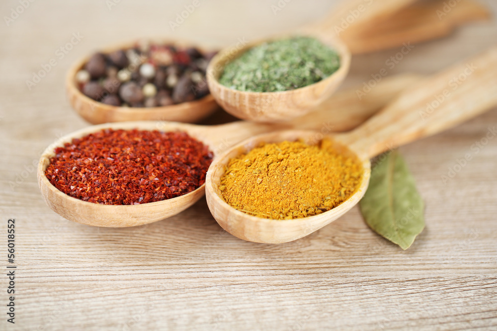 Assortment of spices in wooden spoons on wooden background
