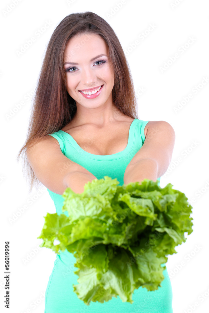 Beautiful girl with fresh salad isolated on white Beautiful girl with fresh salad isolated on white