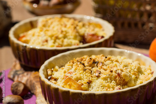 Crumble with apple, hazel nut, and violet caramel