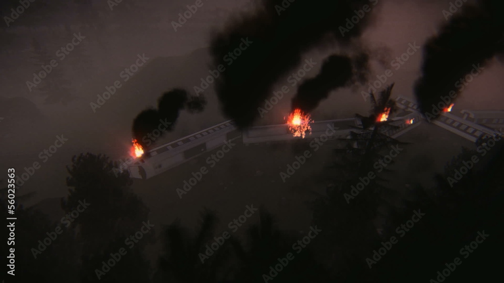 Aerial view of a large train derailment. Train cars on fire.