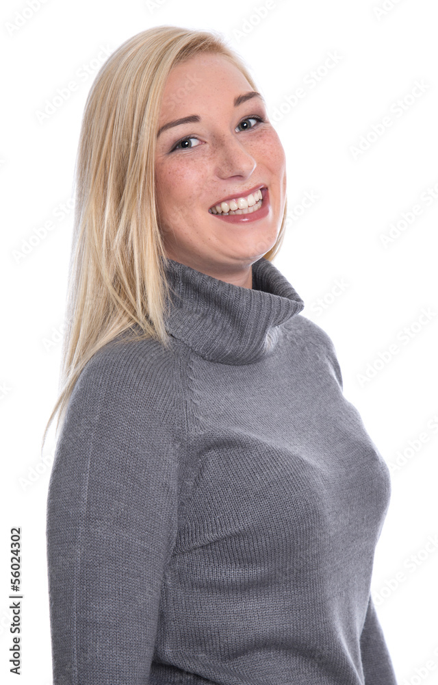 Portrait lachende junge blonde Frau isoliert im Pullover Portrait lachende junge blonde Frau isoliert im Pullover