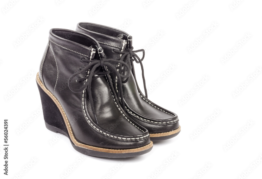 Black Leather Women s Wedges Boots Isolated on White