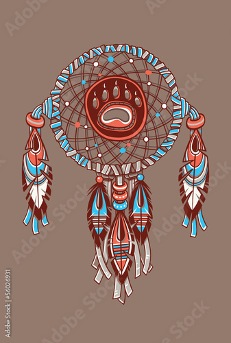 Dream catcher with bear trail. Vector postcard