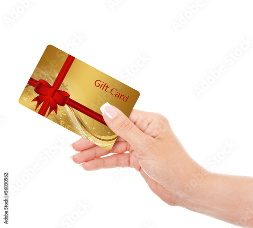 hand holding gift card isolated over white