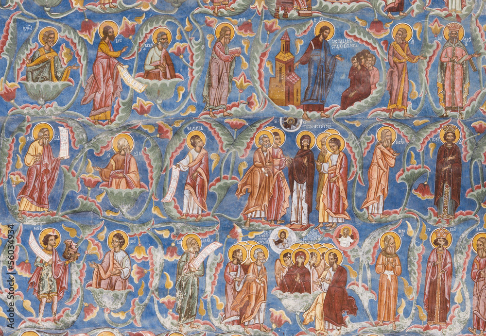religious paintings on Moldovita monastery wall, Romania
