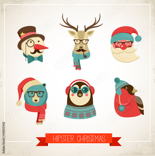 Christmas background with hipster animals