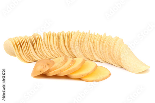 Potato slices and row of chips.