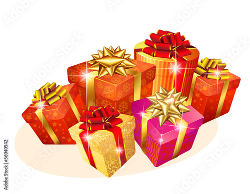 Decorated Christmas gift boxes with ribbons. Vector.