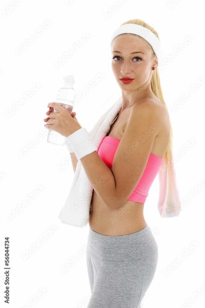 woman holding bottle with water over white background woman holding bottle with water over white background