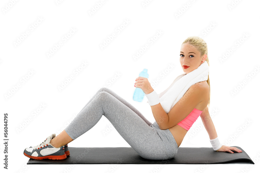 woman holding bottle with water over white background